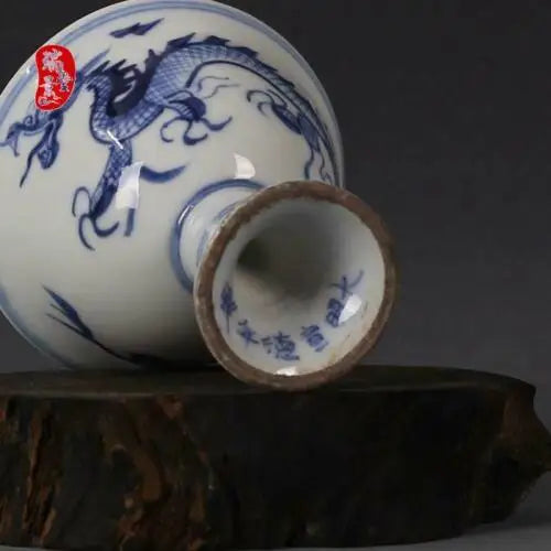 3.2" Xuande marked blue and white Porcelain auspicious dragon High foot tea cup