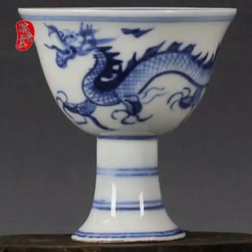 3.2" Xuande marked blue and white Porcelain auspicious dragon High foot tea cup