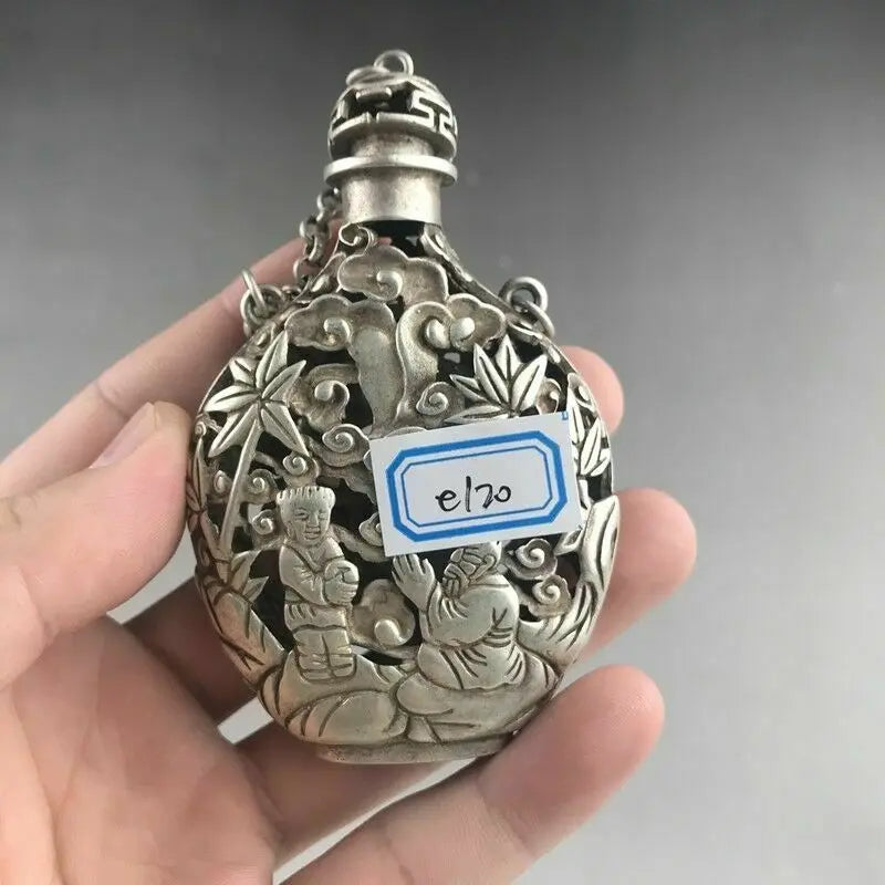CHINESE TIBETAN SILVER COPPER SNUFF BOTTLE HAND-CARVED CHILDREN'S PATTERN s