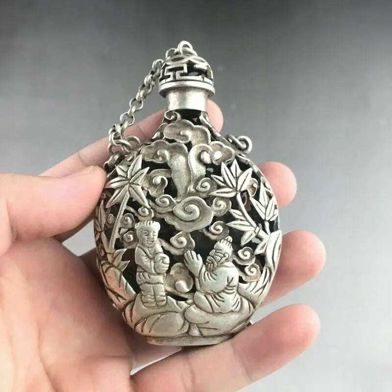 CHINESE TIBETAN SILVER COPPER SNUFF BOTTLE HAND-CARVED CHILDREN'S PATTERN s