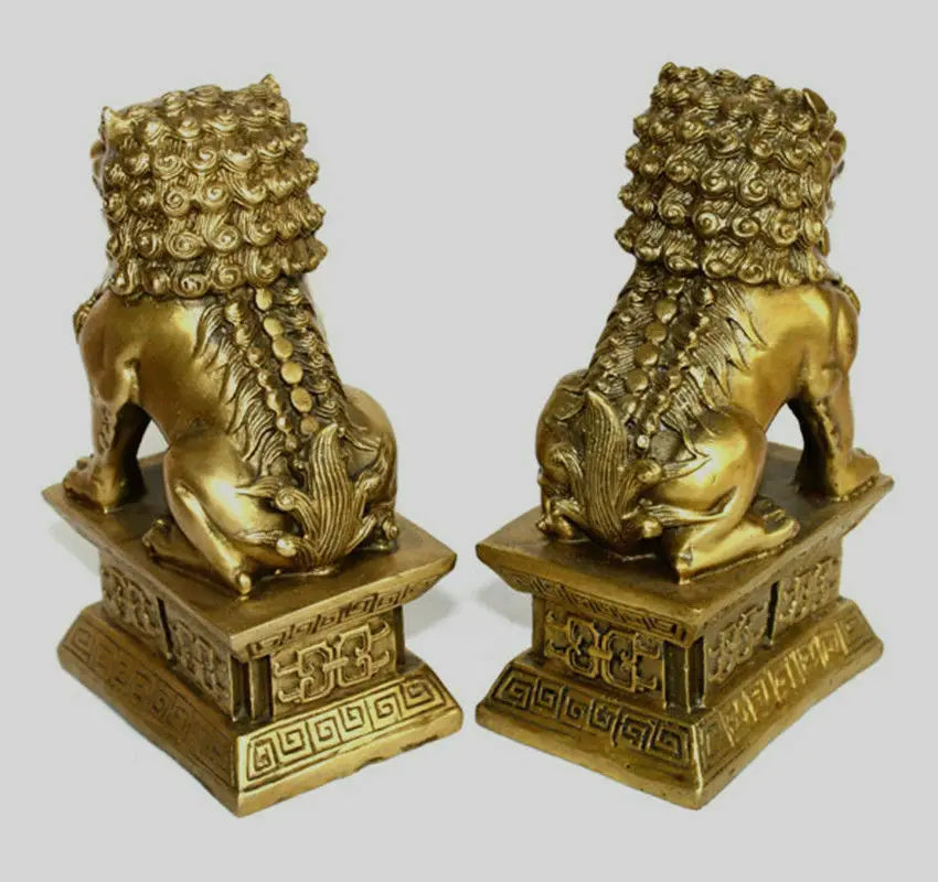 Chinese Bronze Brass Guardian Foo Fu Dog Phylactery Door Lion Pair Statue 6.5"