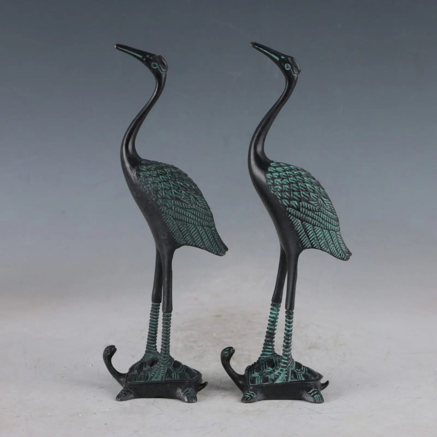 Chinese Bronze Crane & Tortoise Exquisite Statue 2pc