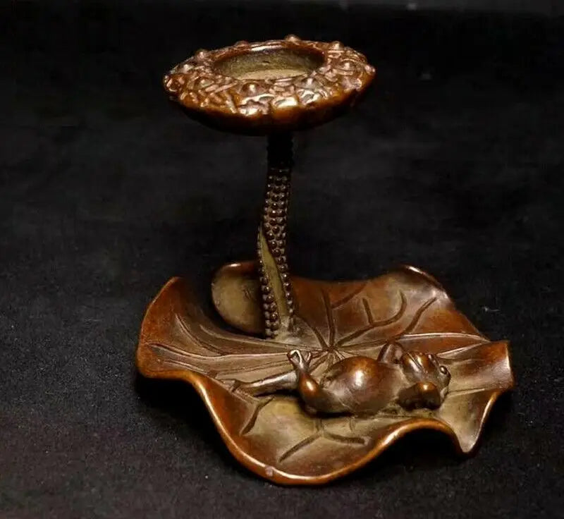 Brass Carved Lotus Frog Statue Back Flow Incense Burner Zen Decor