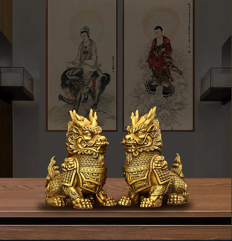 1pair Pure Copper Unicorn Ornaments Home Entrance Office Desk  Home Decoration Crafts