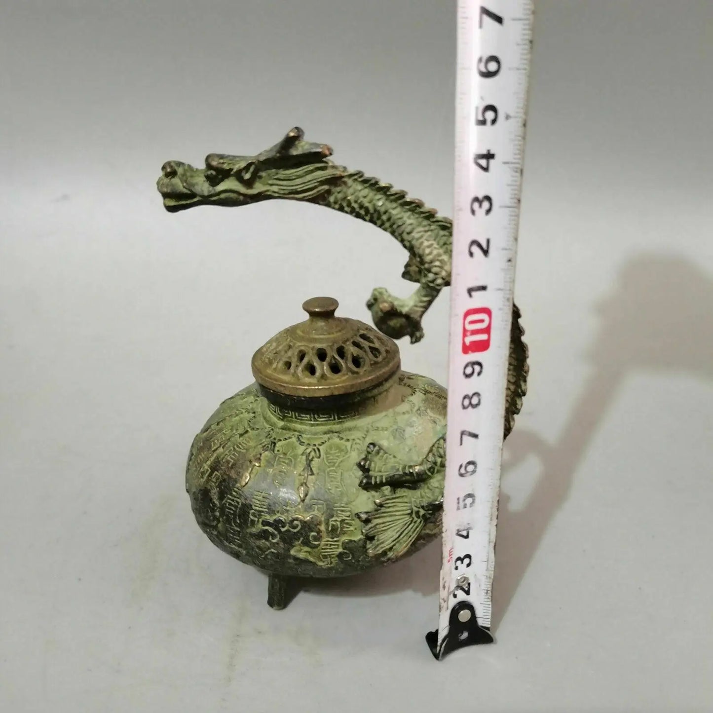 Antique Chinese Fengshui Bronze Dragon handle Incense Burner Statue Xuande Mark
