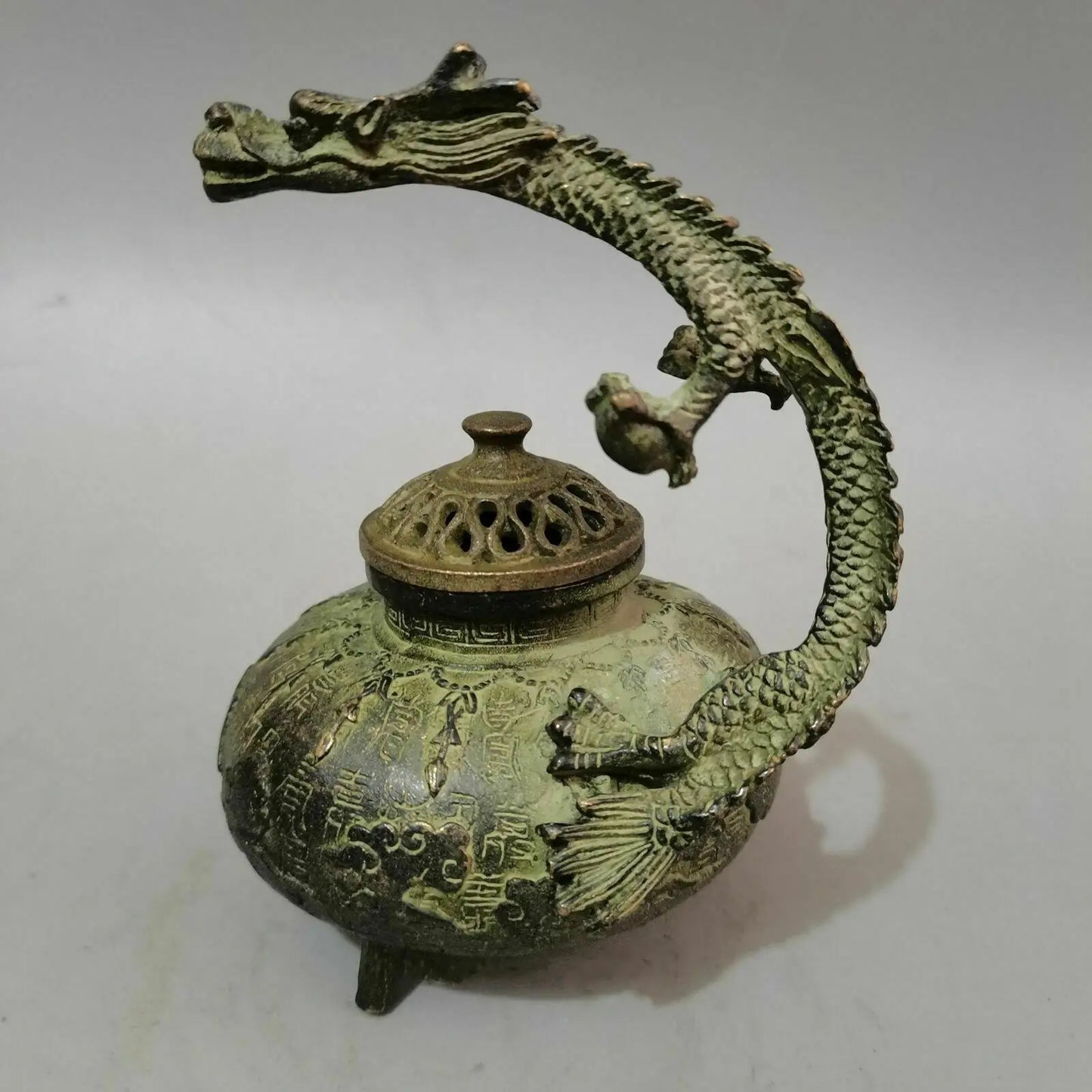 Antique Chinese Fengshui Bronze Dragon handle Incense Burner Statue Xuande Mark