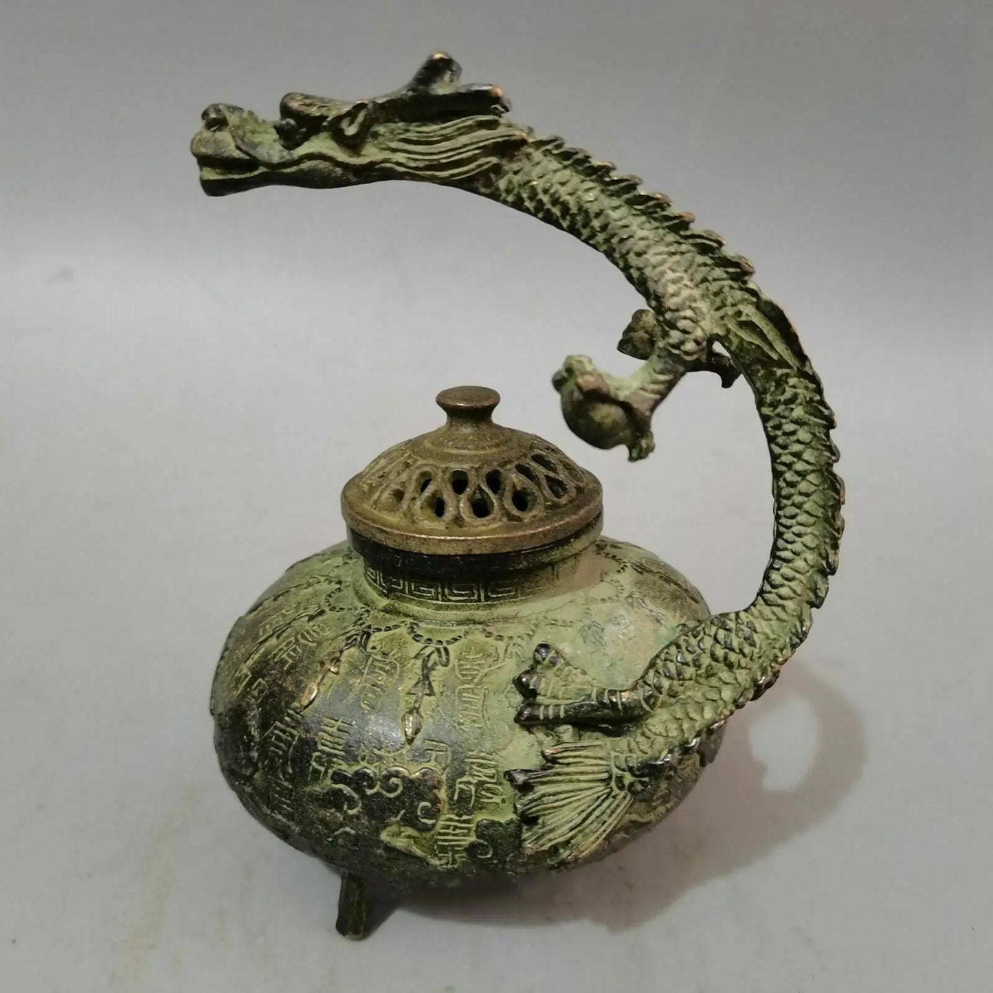 Antique Chinese Fengshui Bronze Dragon handle Incense Burner Statue Xuande Mark