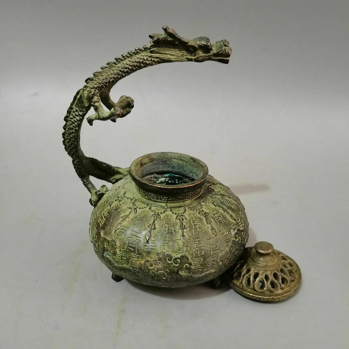 Antique Chinese Fengshui Bronze Dragon handle Incense Burner Statue Xuande Mark