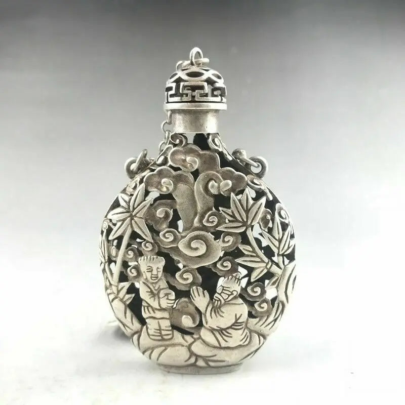 CHINESE TIBETAN SILVER COPPER SNUFF BOTTLE HAND-CARVED CHILDREN'S PATTERN s