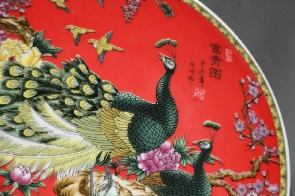 China Rare Famille Rose Porcelain Plate Painted phoenix peony Qianlong mark