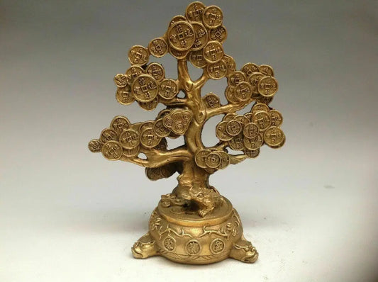 Chinese Brass Copper Feng shui Lucky Wealth Money YuanBao Coin Tree Statue