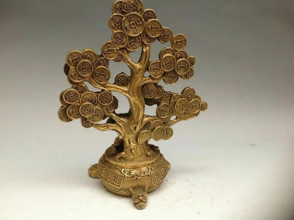 Chinese Brass Copper Feng shui Lucky Wealth Money YuanBao Coin Tree Statue