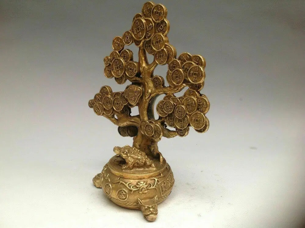 Chinese Brass Copper Feng shui Lucky Wealth Money YuanBao Coin Tree Statue