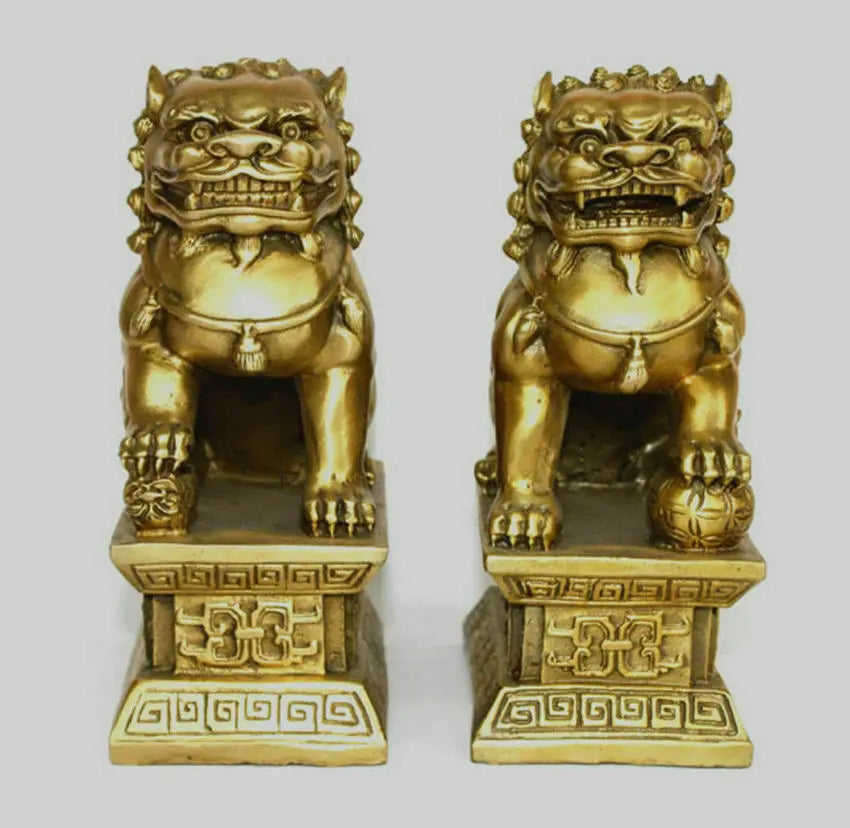 Chinese Bronze Brass Guardian Foo Fu Dog Phylactery Door Lion Pair Statue 6.5"