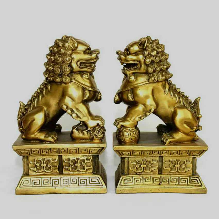 Chinese Bronze Brass Guardian Foo Fu Dog Phylactery Door Lion Pair Statue 6.5"