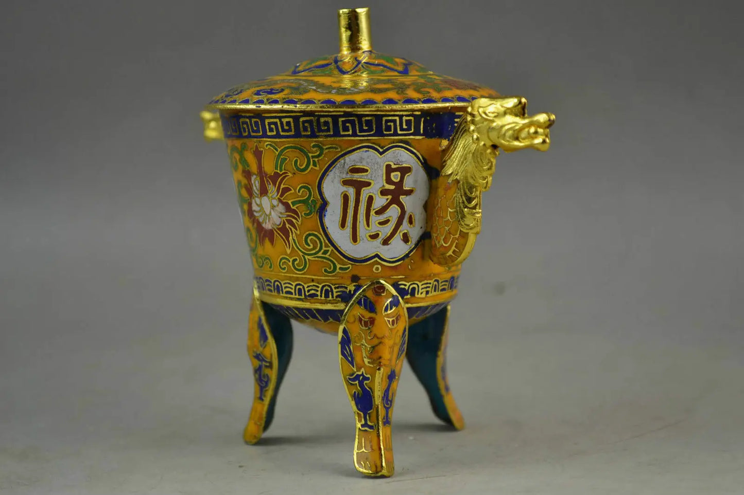 Chinese Handwork Closionne Carving Lifelike Flower & 2 Dragon Incense burner