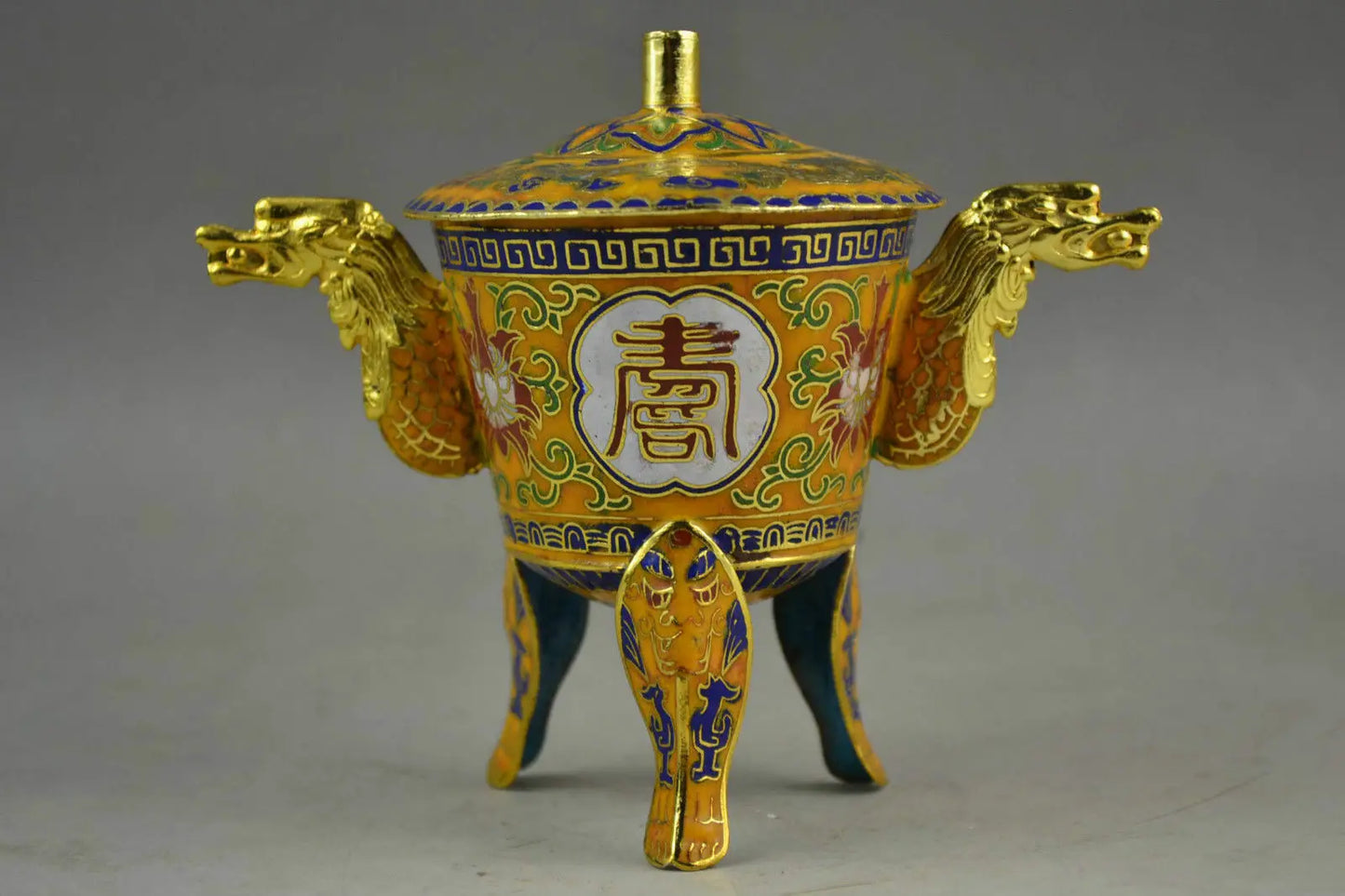 Chinese Handwork Closionne Carving Lifelike Flower & 2 Dragon Incense burner