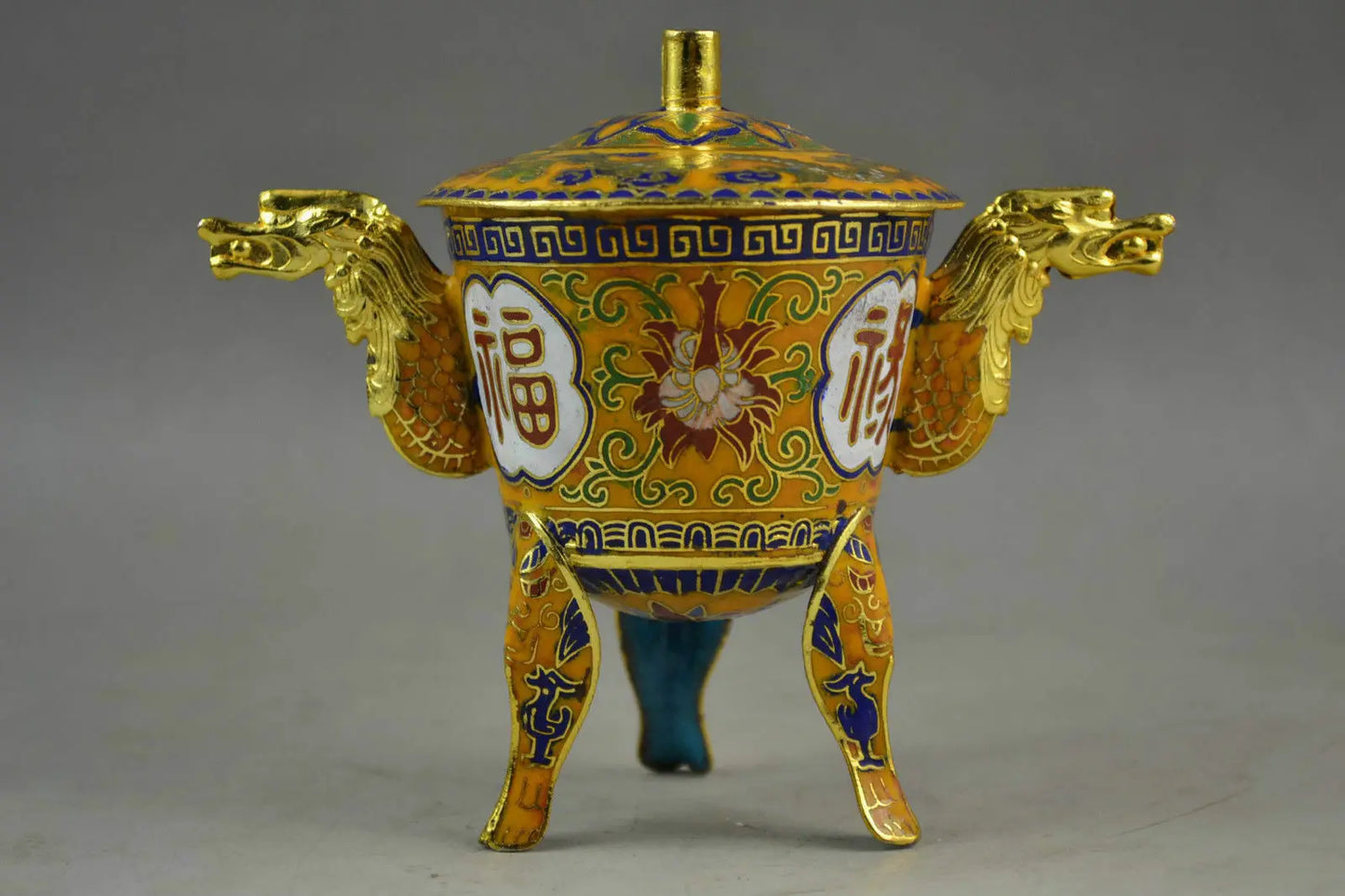 Chinese Handwork Closionne Carving Lifelike Flower & 2 Dragon Incense burner