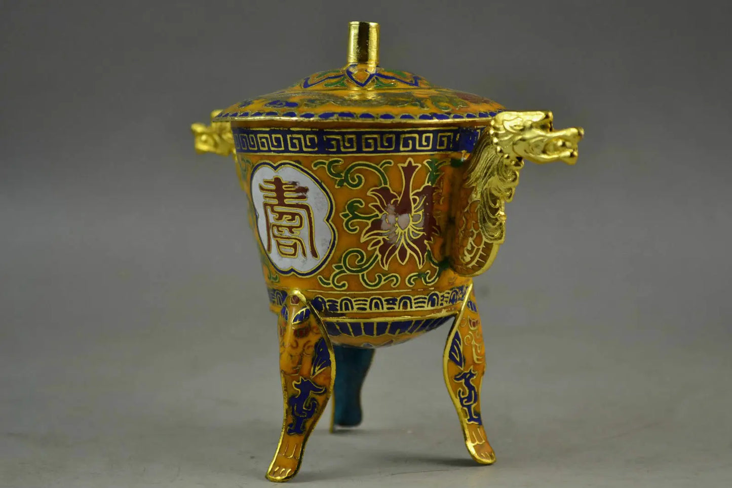 Chinese Handwork Closionne Carving Lifelike Flower & 2 Dragon Incense burner