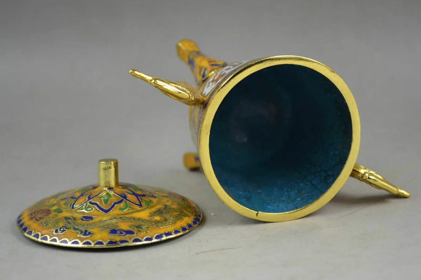 Chinese Handwork Closionne Carving Lifelike Flower & 2 Dragon Incense burner