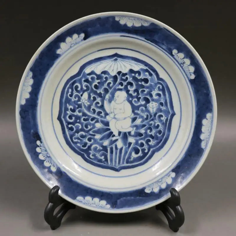 Chinese Old Blue and White Kid Figure Pattern Porcelain Plate