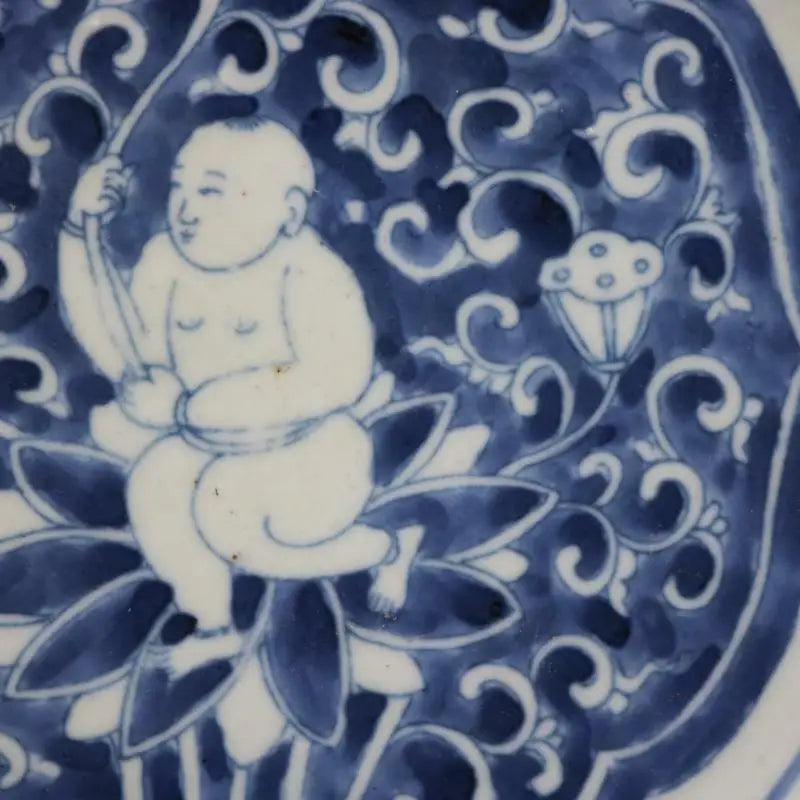 Chinese Old Blue and White Kid Figure Pattern Porcelain Plate