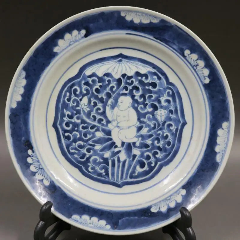 Chinese Old Blue and White Kid Figure Pattern Porcelain Plate