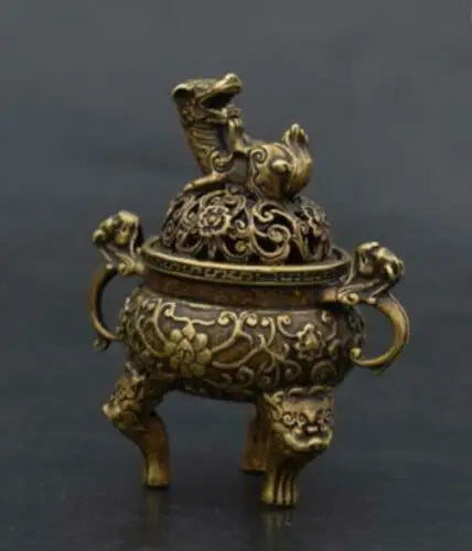 Chinese Old Handmade pure brass Beast head small Incense burner statue