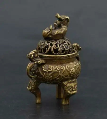 Chinese Old Handmade pure brass Beast head small Incense burner statue
