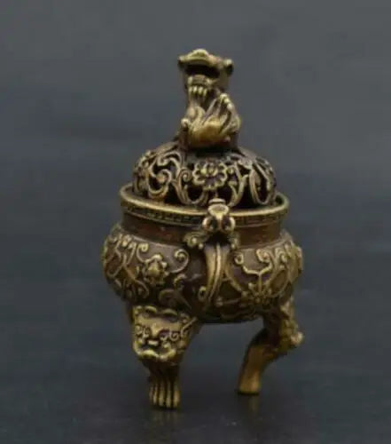 Chinese Old Handmade pure brass Beast head small Incense burner statue