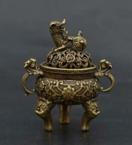 Chinese Old Handmade pure brass Beast head small Incense burner statue