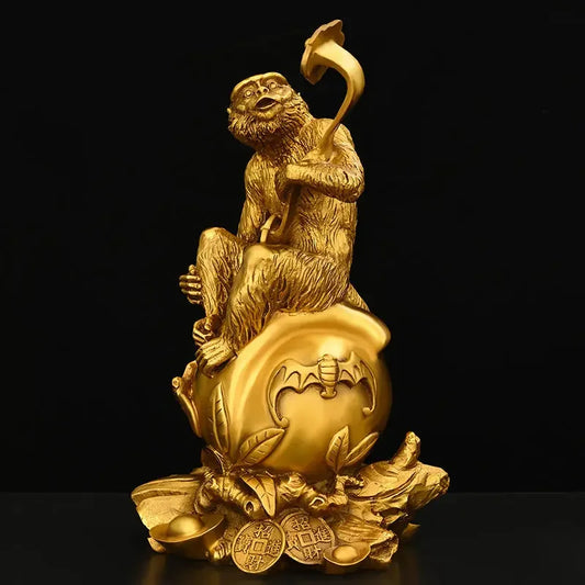Chinese Pure Copper Ruyi Gold Monkey Ornaments Zodiac Blessing Life Home Living Room  Attract Wealth Fengshui Decor