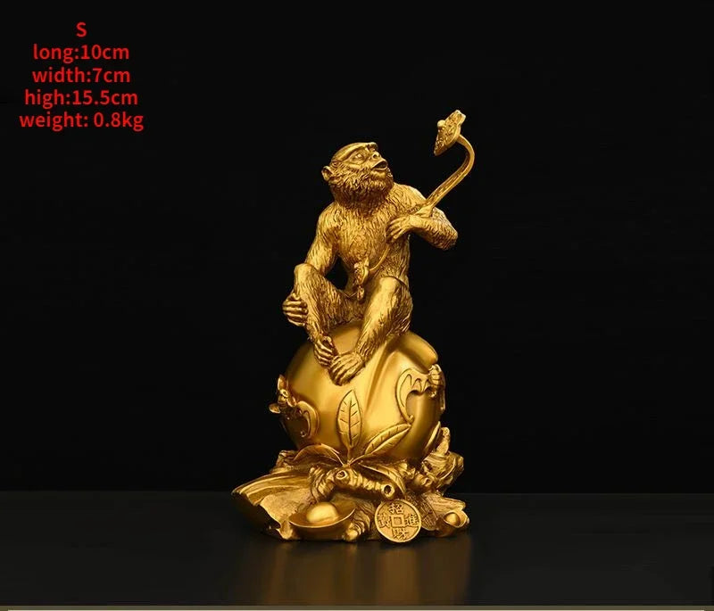 Chinese Pure Copper Ruyi Gold Monkey Ornaments Zodiac Blessing Life Home Living Room  Attract Wealth Fengshui Decor