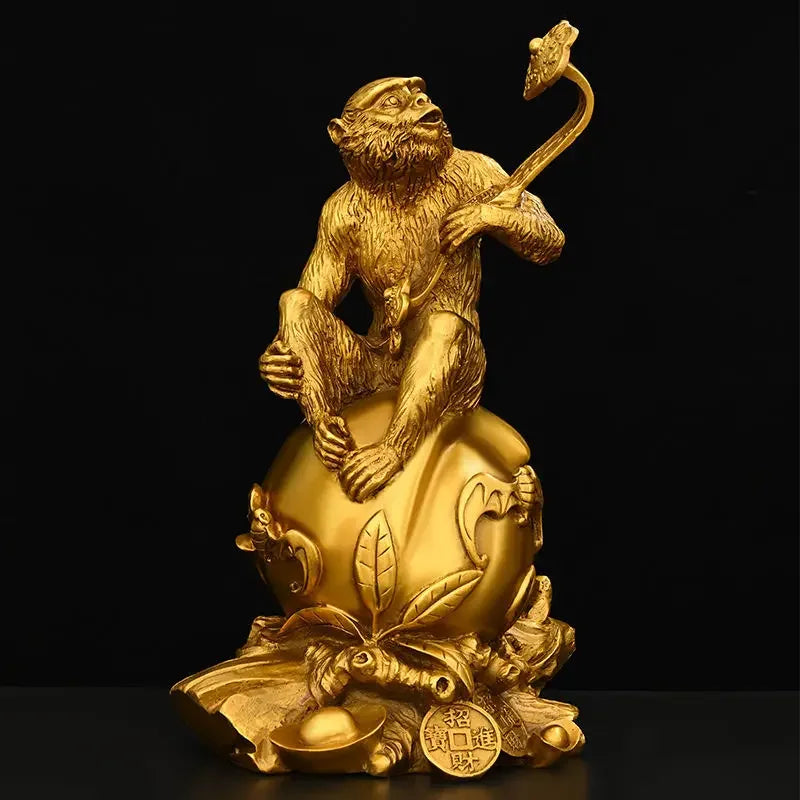 Chinese Pure Copper Ruyi Gold Monkey Ornaments Zodiac Blessing Life Home Living Room  Attract Wealth Fengshui Decor