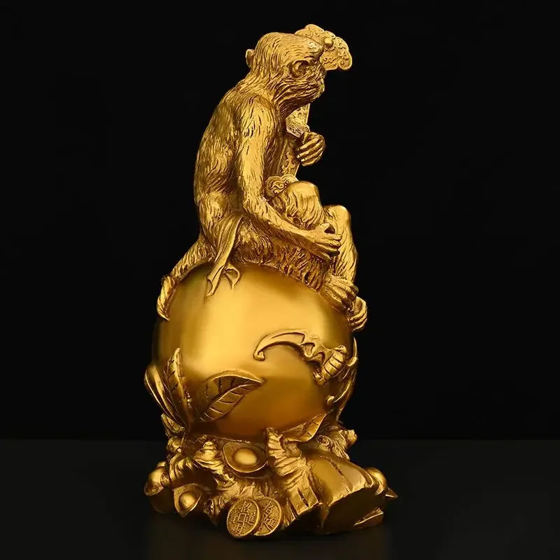 Chinese Pure Copper Ruyi Gold Monkey Ornaments Zodiac Blessing Life Home Living Room  Attract Wealth Fengshui Decor