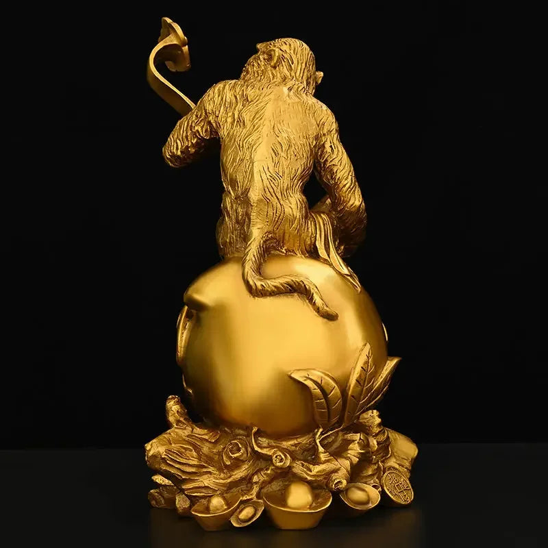 Chinese Pure Copper Ruyi Gold Monkey Ornaments Zodiac Blessing Life Home Living Room  Attract Wealth Fengshui Decor