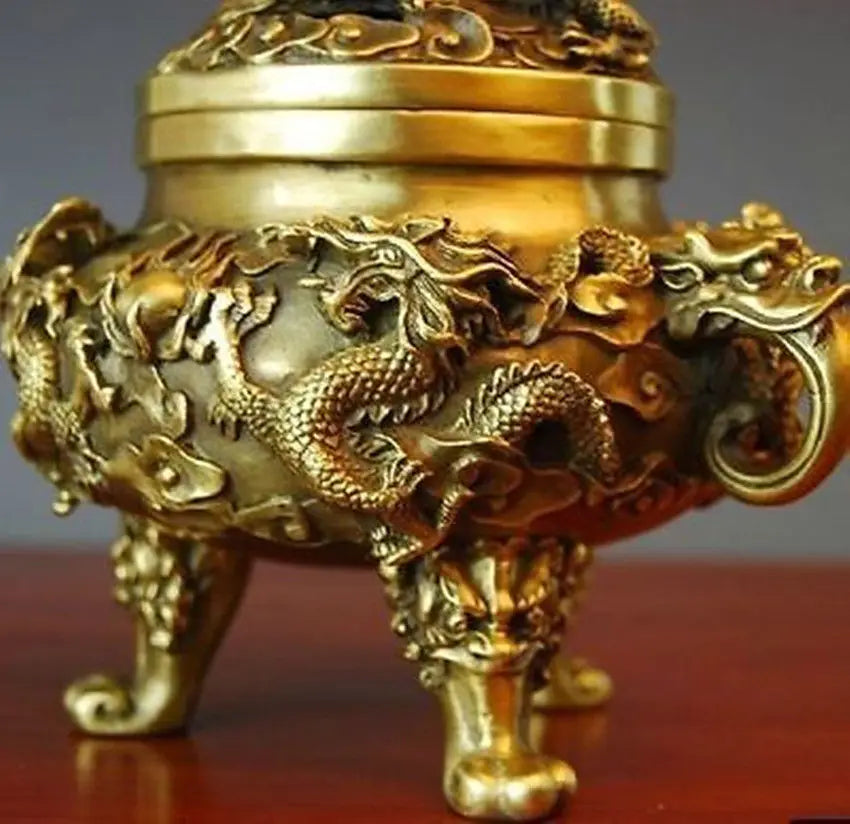 Collectible Chinese Brass Nine Dragons Kowloon incense burner