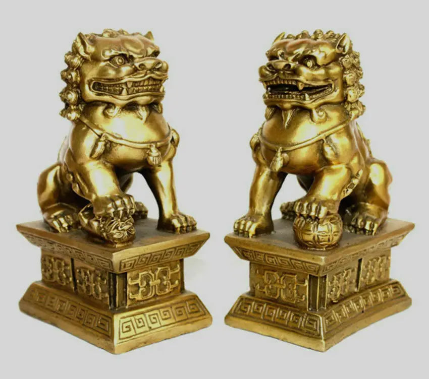Chinese Bronze Brass Guardian Foo Fu Dog Phylactery Door Lion Pair Statue 6.5"