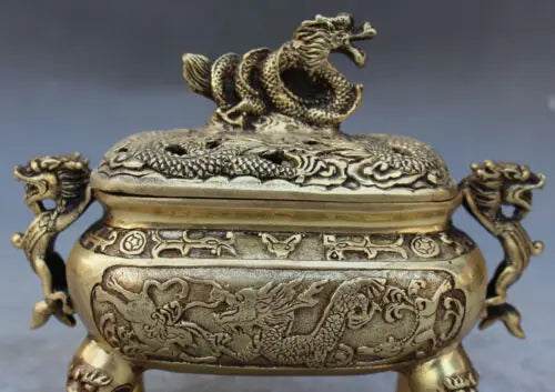 Marked Chinese Old Bronze Dragon Dragons Foo Fu Dog Lion Incense Burner Censer