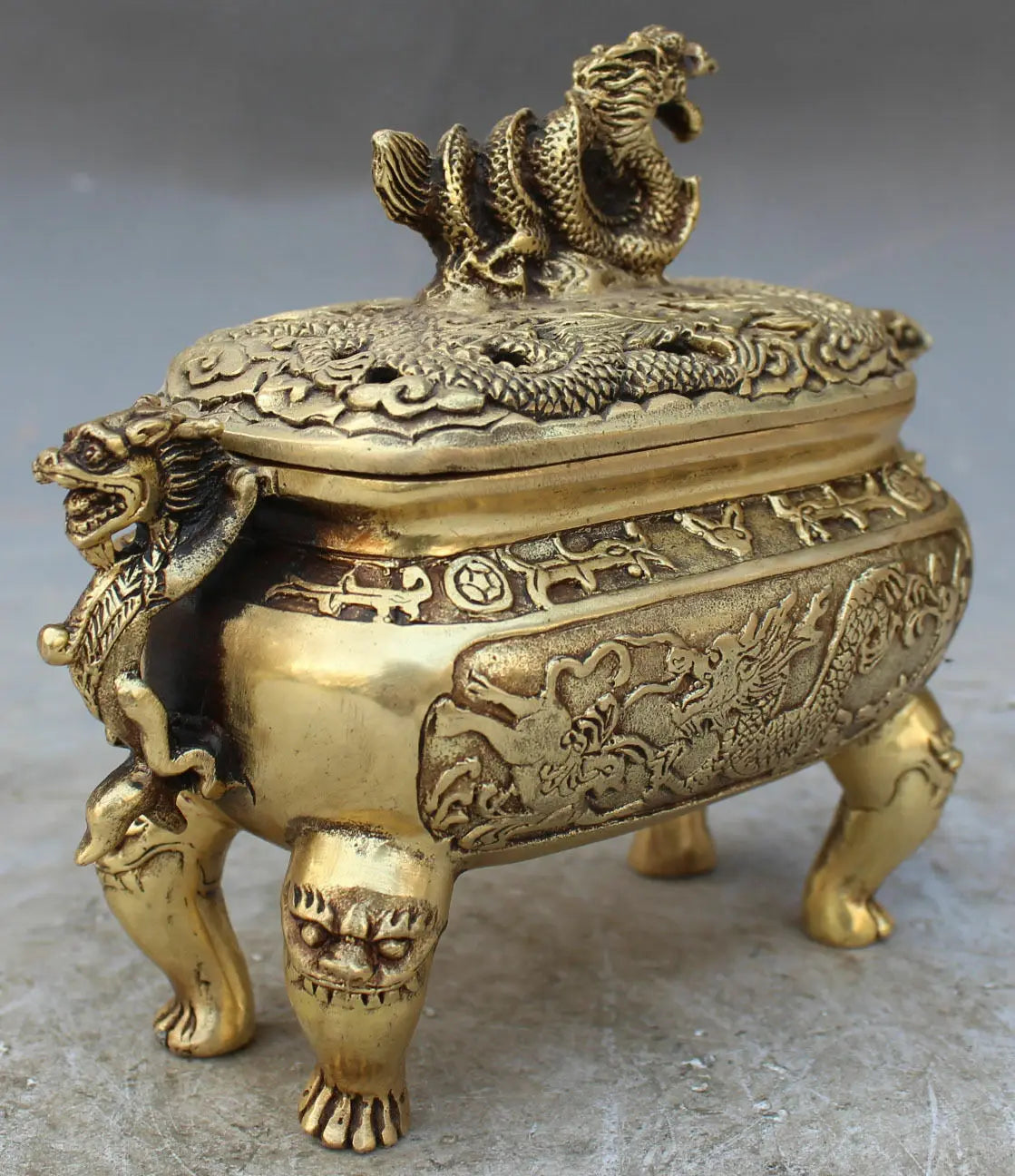 Marked Chinese Old Bronze Dragon Dragons Foo Fu Dog Lion Incense Burner Censer