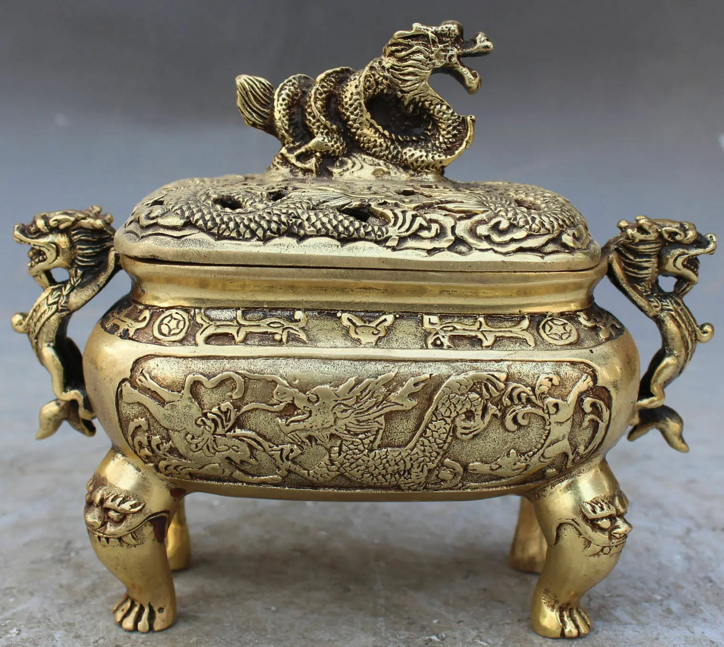 Marked Chinese Old Bronze Dragon Dragons Foo Fu Dog Lion Incense Burner Censer