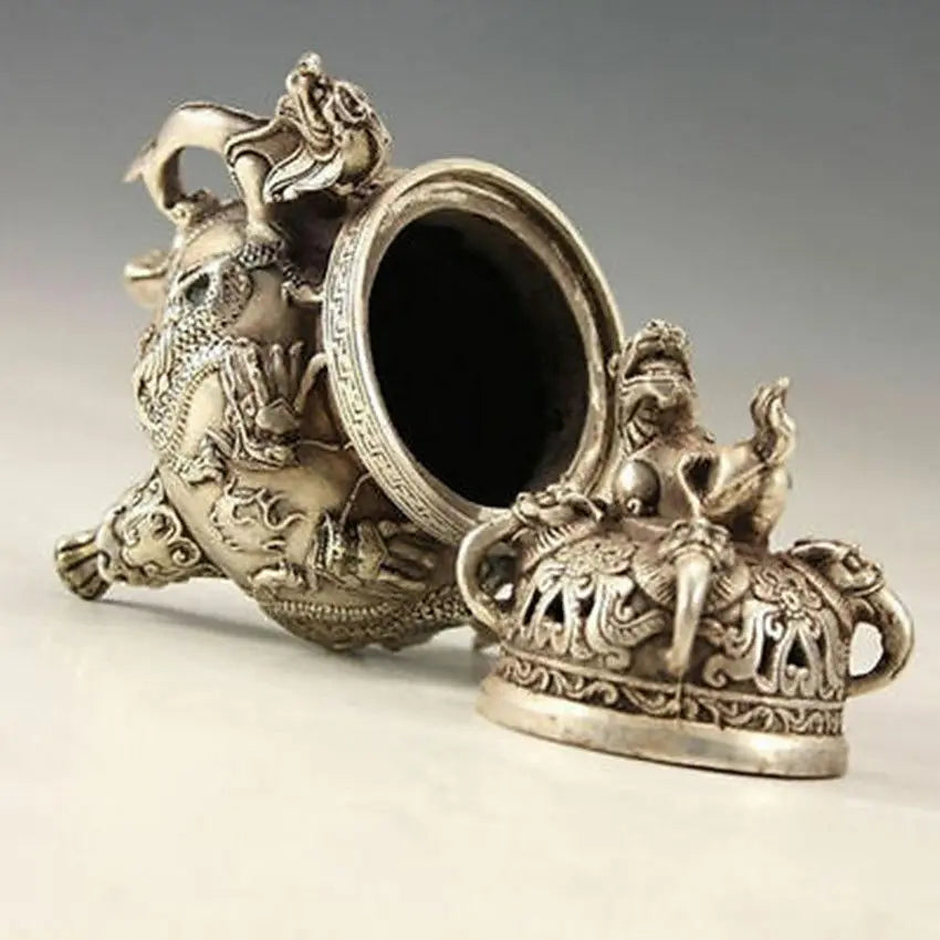 Oriental ^Vintage Tibet Silver Handwork Dragon Incense Burner