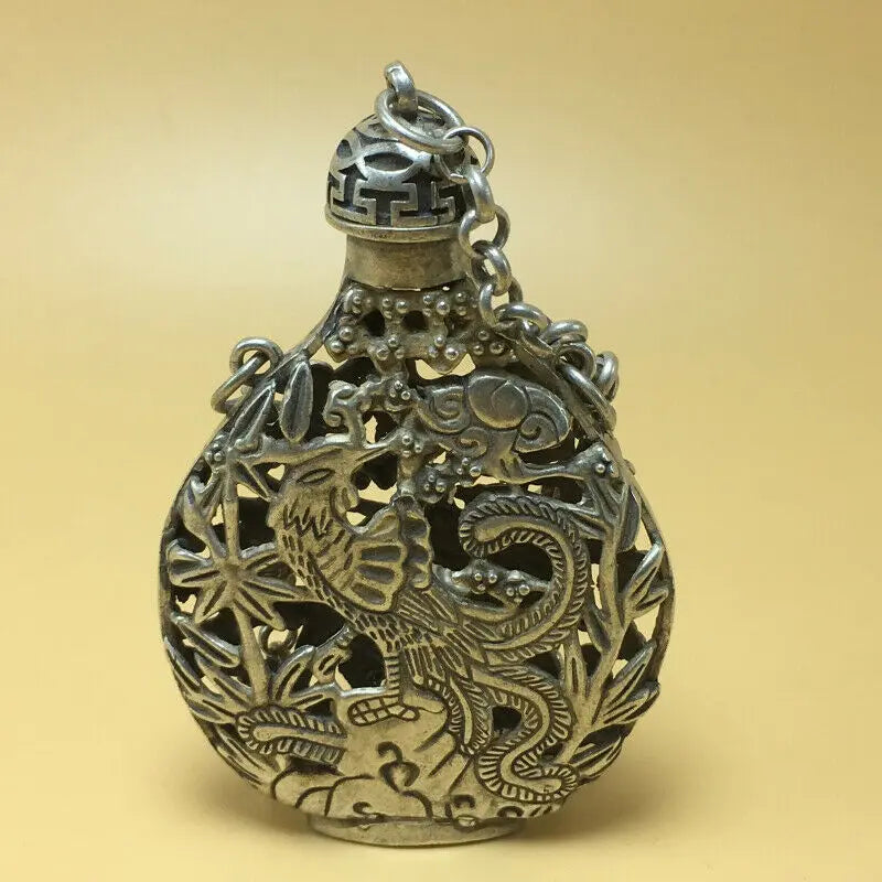 chinese Tibetan silver old copper hand carved Kirin phoenix statue snuff bottle