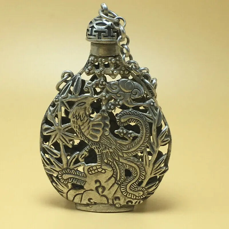 chinese Tibetan silver old copper hand carved Kirin phoenix statue snuff bottle